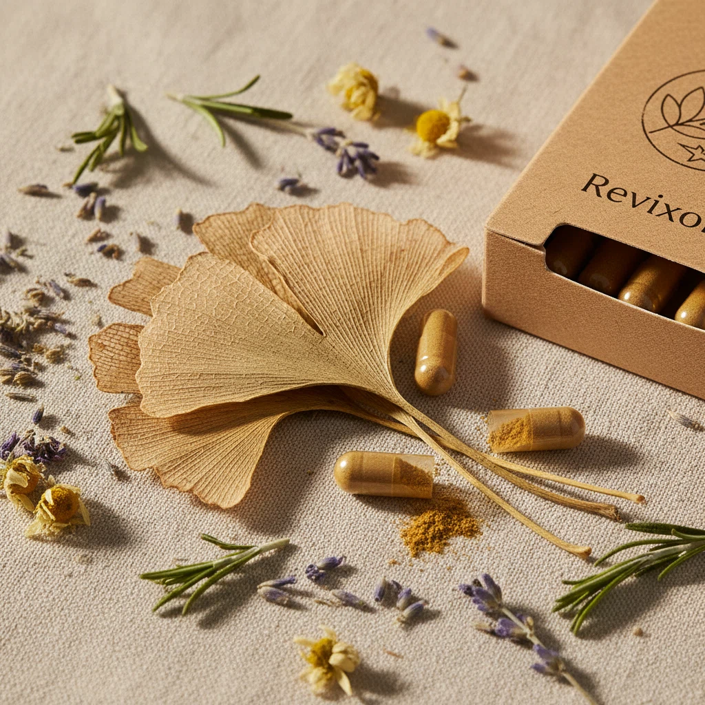 Plant-based auditory support capsules - macro close-up of botanical extracts and ginkgo biloba leaves for daily ear wellness routine supplement