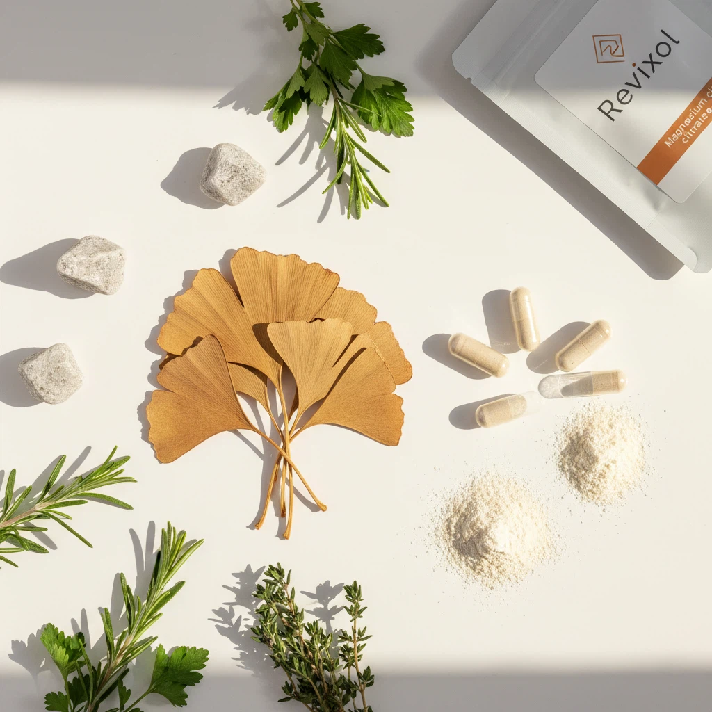 Ginkgo biloba ear support supplement ingredients: dried botanical extracts, zinc and magnesium capsules on white surface