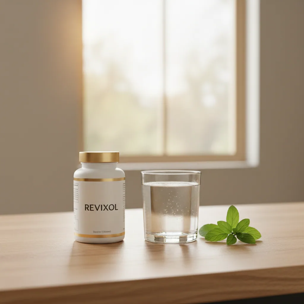 Revixol ear comfort supplement bottle beside a glass of water on a light oak desk - daily ear wellness routine supplement